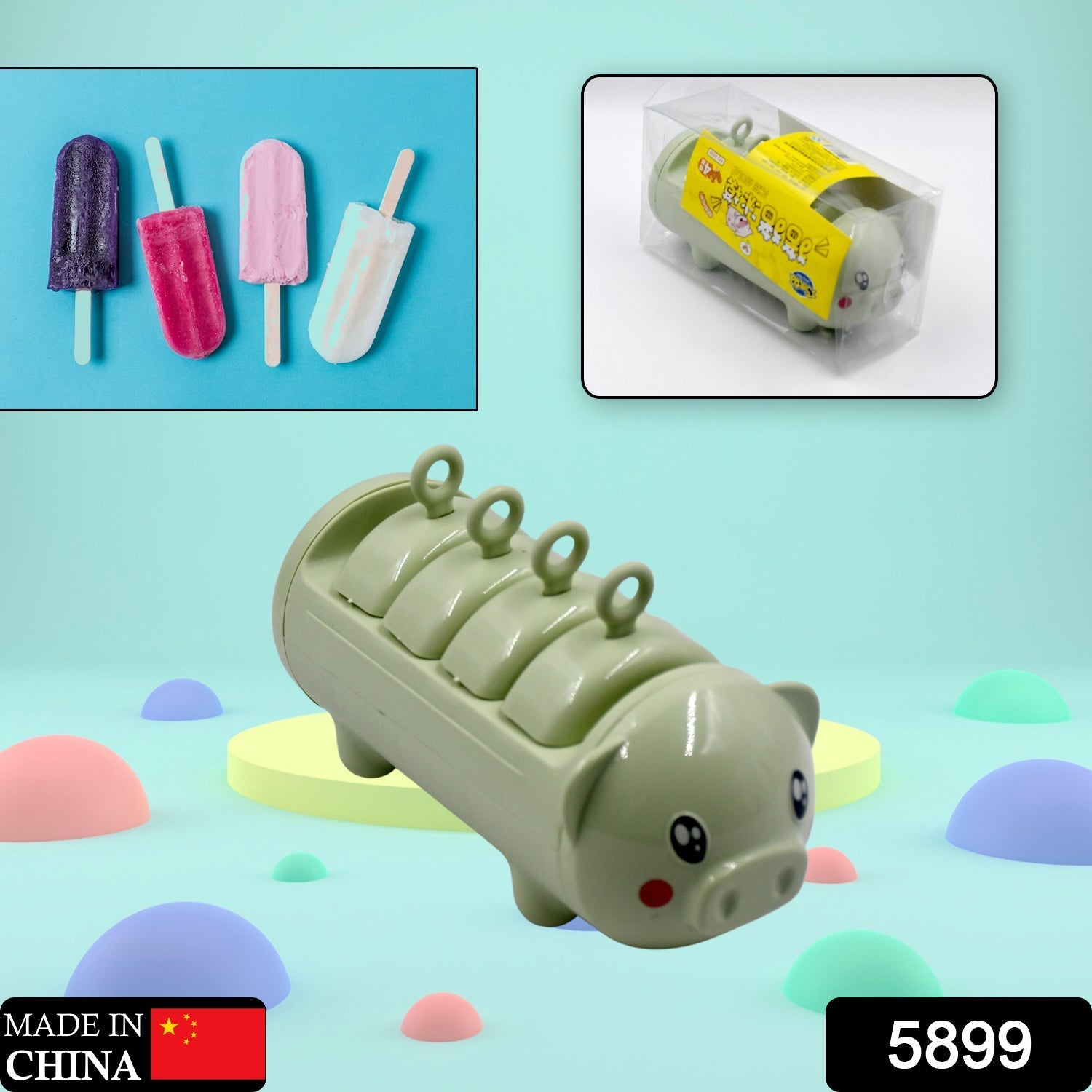 Plastic kulfi maker mold set with pig shape design and four cups. Plastic kulfi maker mold set with pig shape design and four cups.